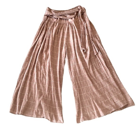 Free People Tan Checker Print Wide Leg Tie Waist Textured Gauze Pants - 12 - Picture 2 of 11